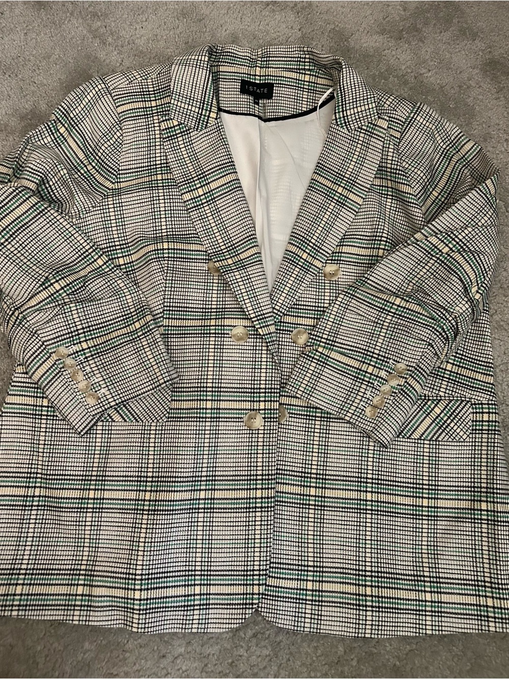 1.STATE Women's Double-Breasted Plaid Blazer in Ivory, Black & Green